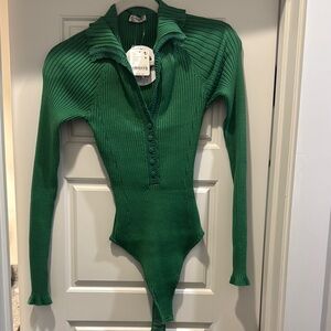 Free People Green Ribbed Sweater Bodysuit